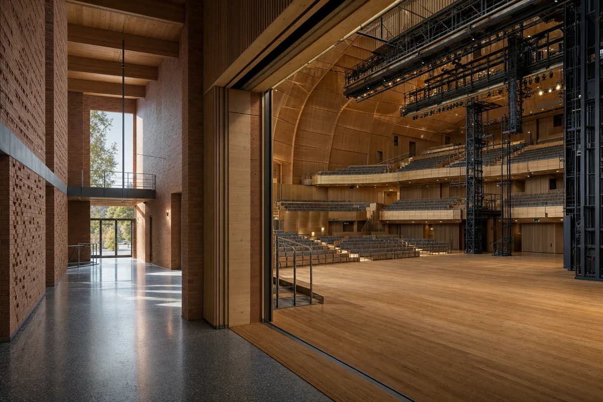 Mass-timber research auditorium with adjustable acoustic reflectors.