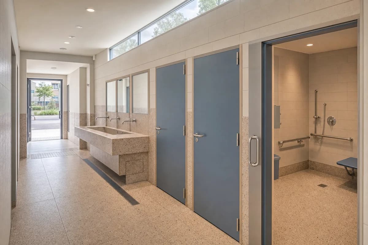 Serviceable Public Washroom, inclusive civic washroom defined by one calm handwashing hall along a central plumbing spine, serving three individually enclosed all-gender cubicles including one generous accessible room without blocking the direct entrance-to-exit route.