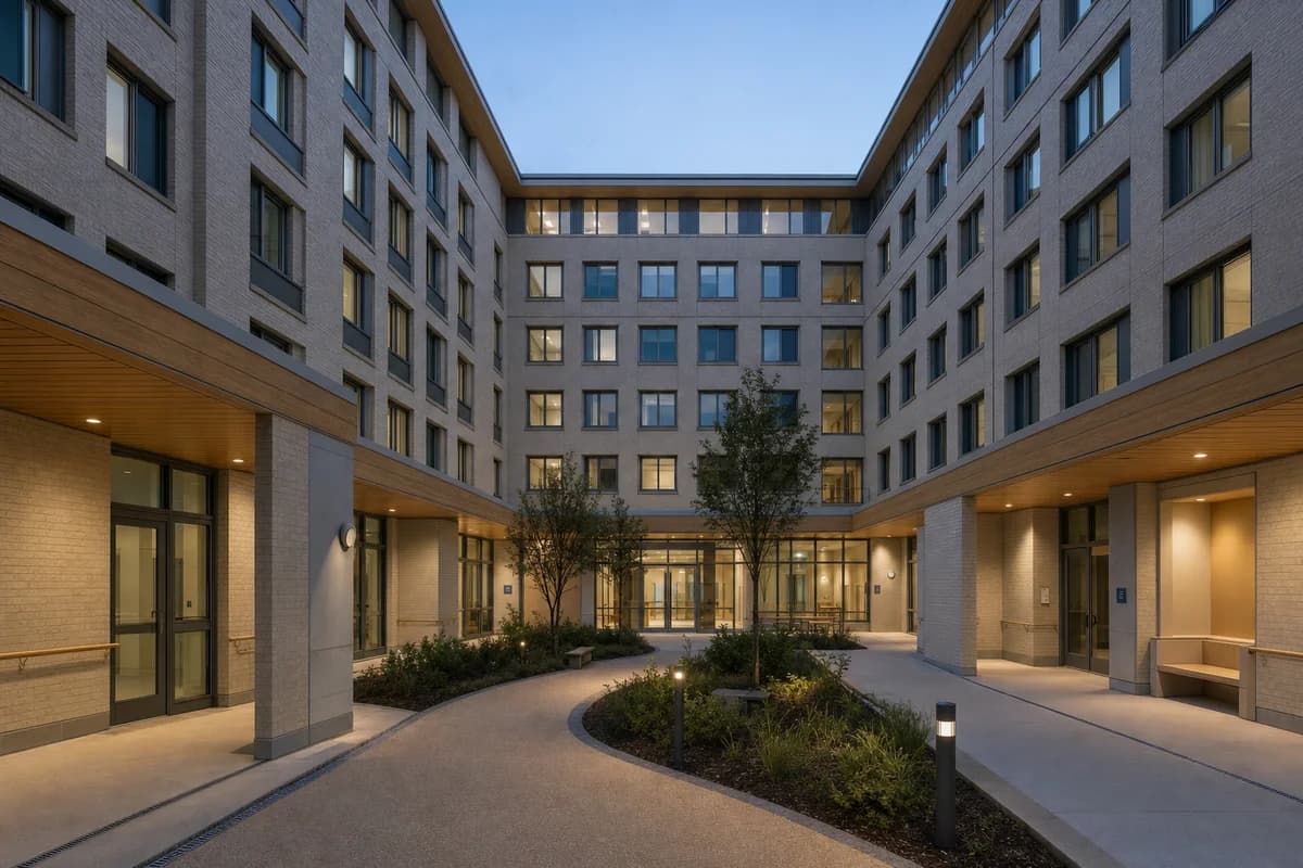Pale brick children’s hospital courtyard under restrained blue-hour light.
