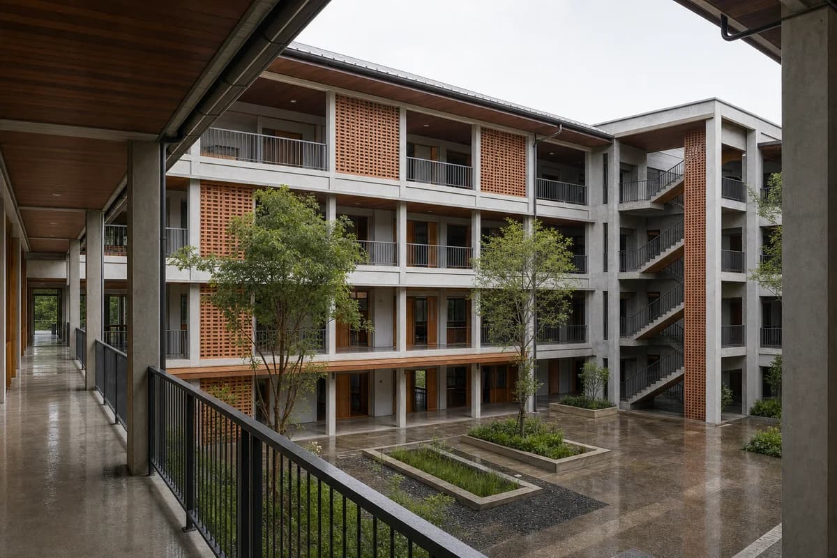 Hybrid timber community college around a shaded Chiang Mai courtyard.