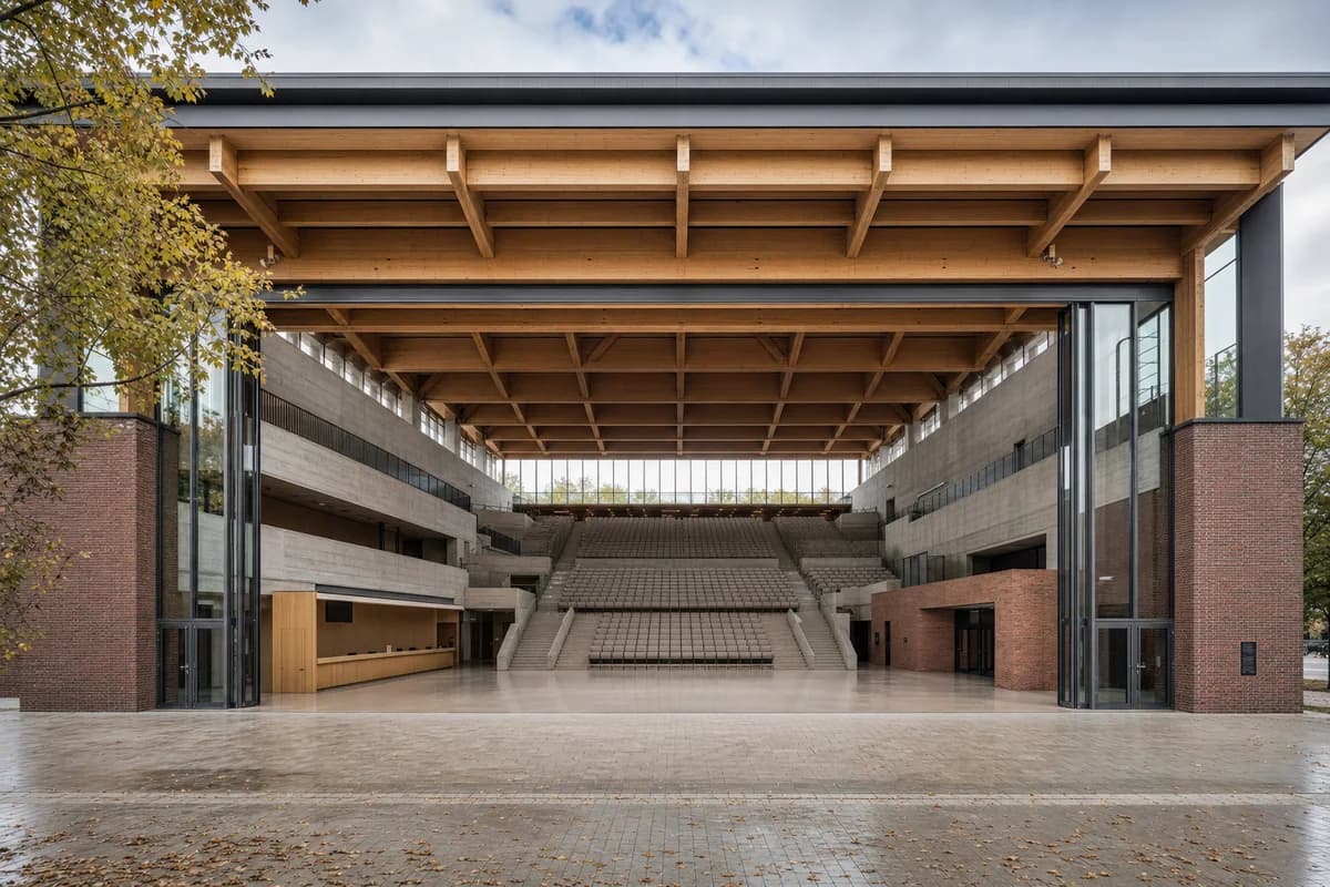 Mass-timber civic assembly hall opening onto an accessible public terrace.