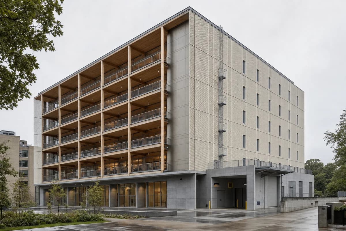 Ceramic-screened climate records library with timber reading floors.