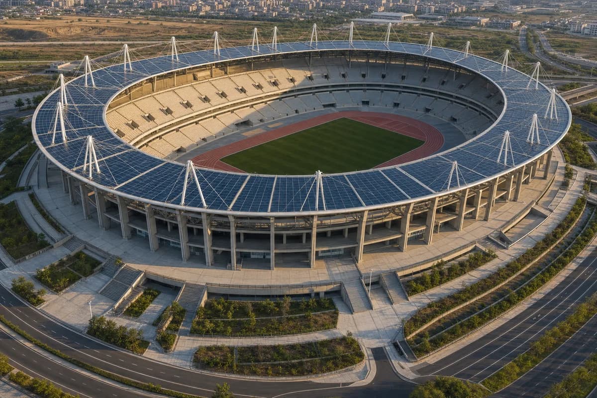 Precast athletics stadium beneath a broad cable-supported solar canopy.