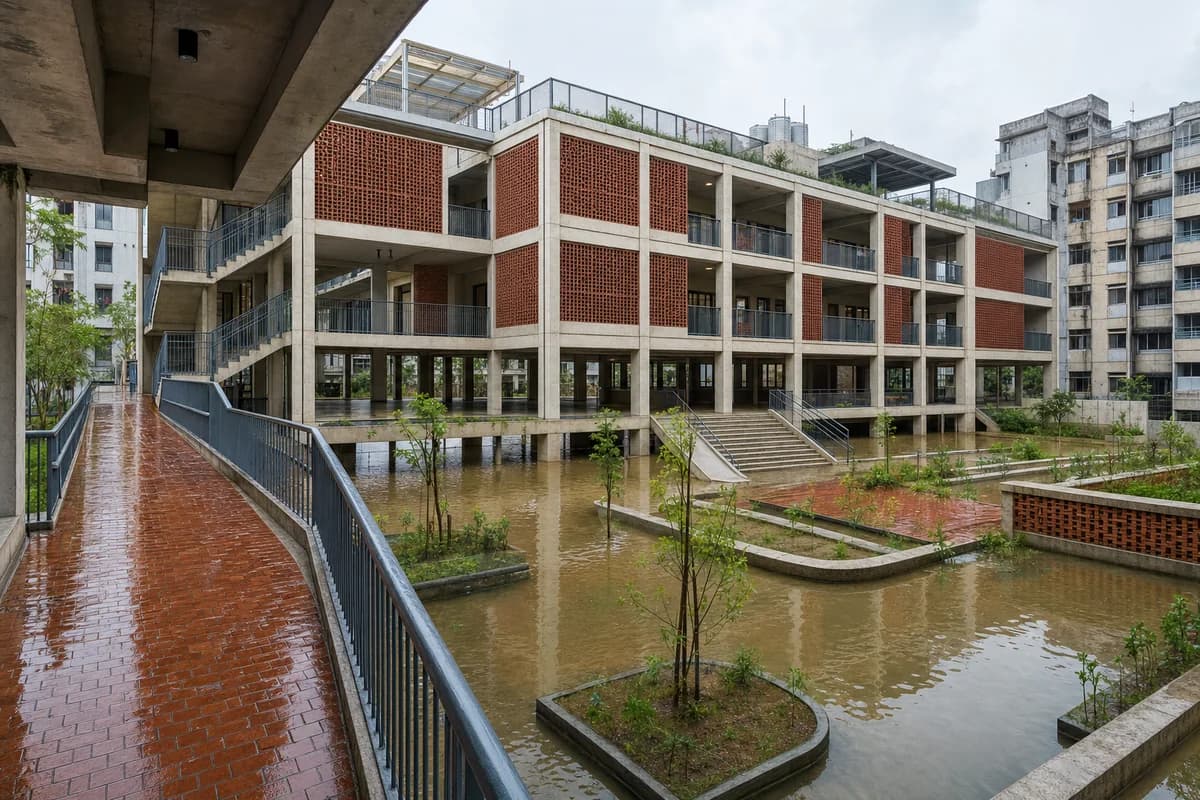 Elevated brick-screened primary school above a floodable Dhaka play ground.