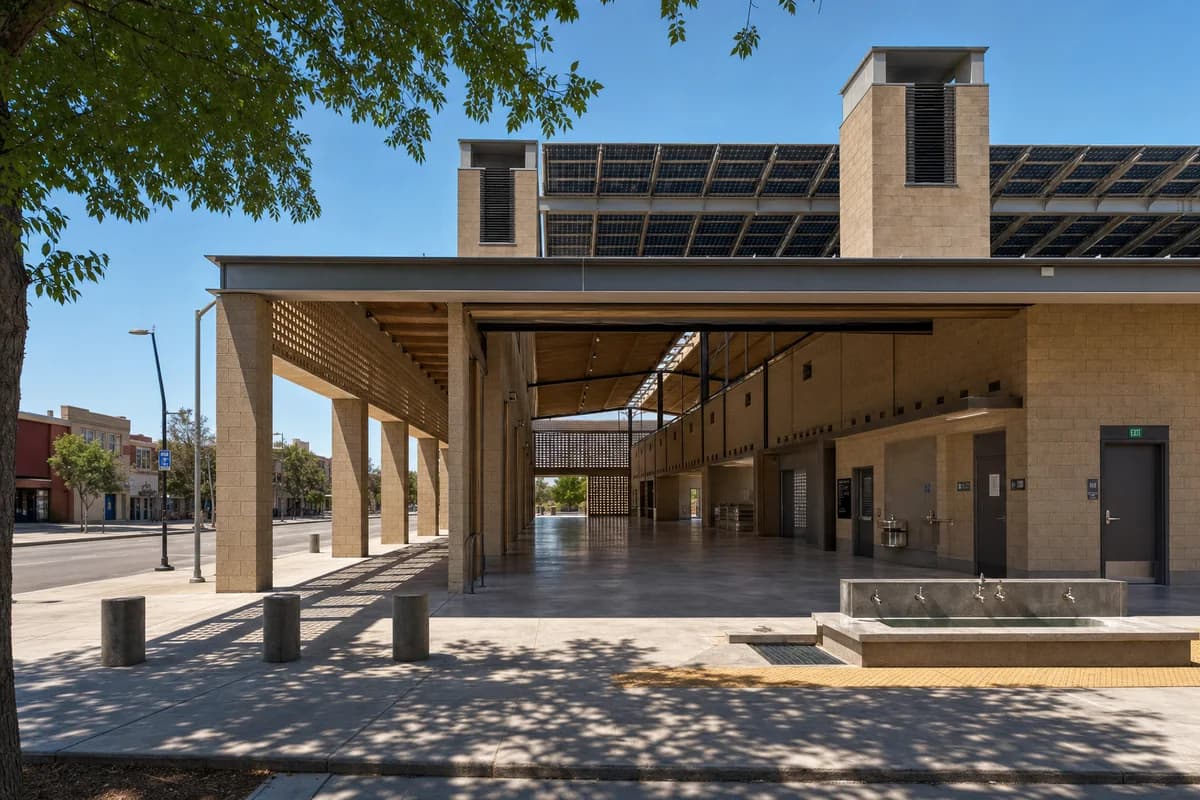 Deeply shaded civic cooling shelter beneath a broad solar roof.
