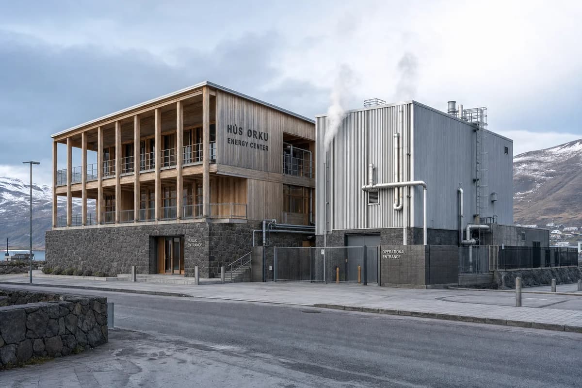Basalt and timber geothermal energy center with restrained vent steam.