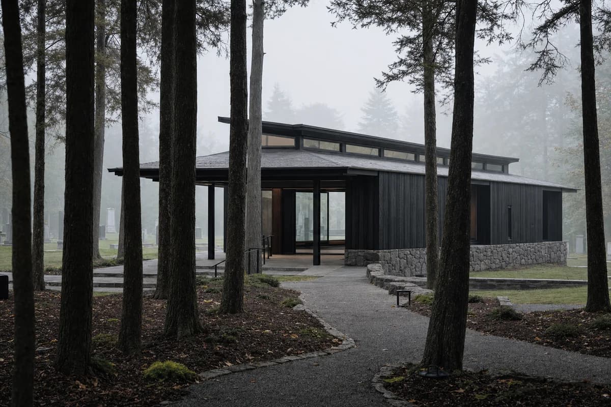 Charred-timber memorial hall defined against low woodland fog.