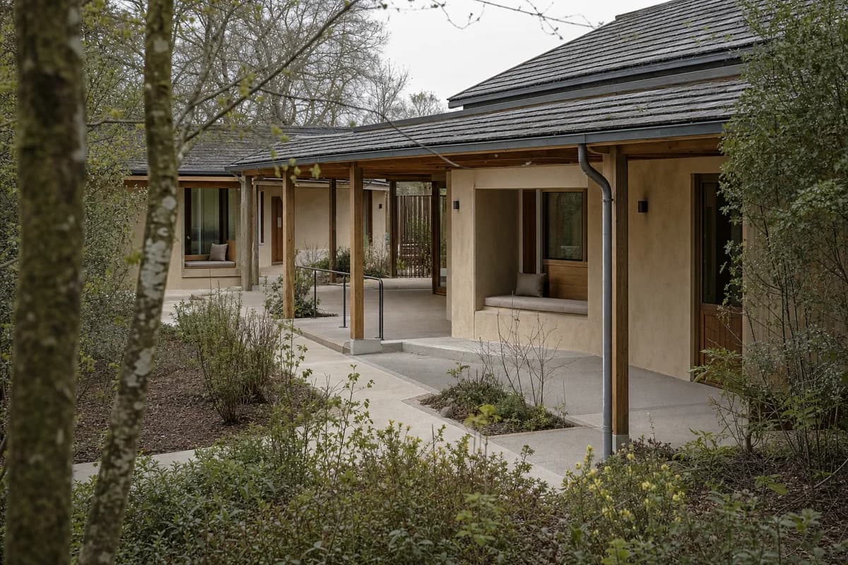 Low timber hospice pavilion opening onto a quiet managed garden.