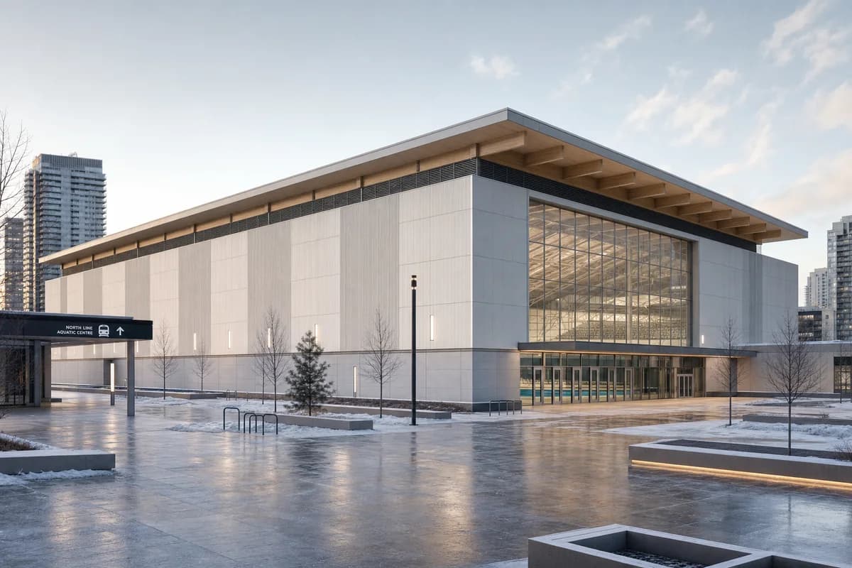 Mass-timber aquatic arena beside a winter transit plaza.