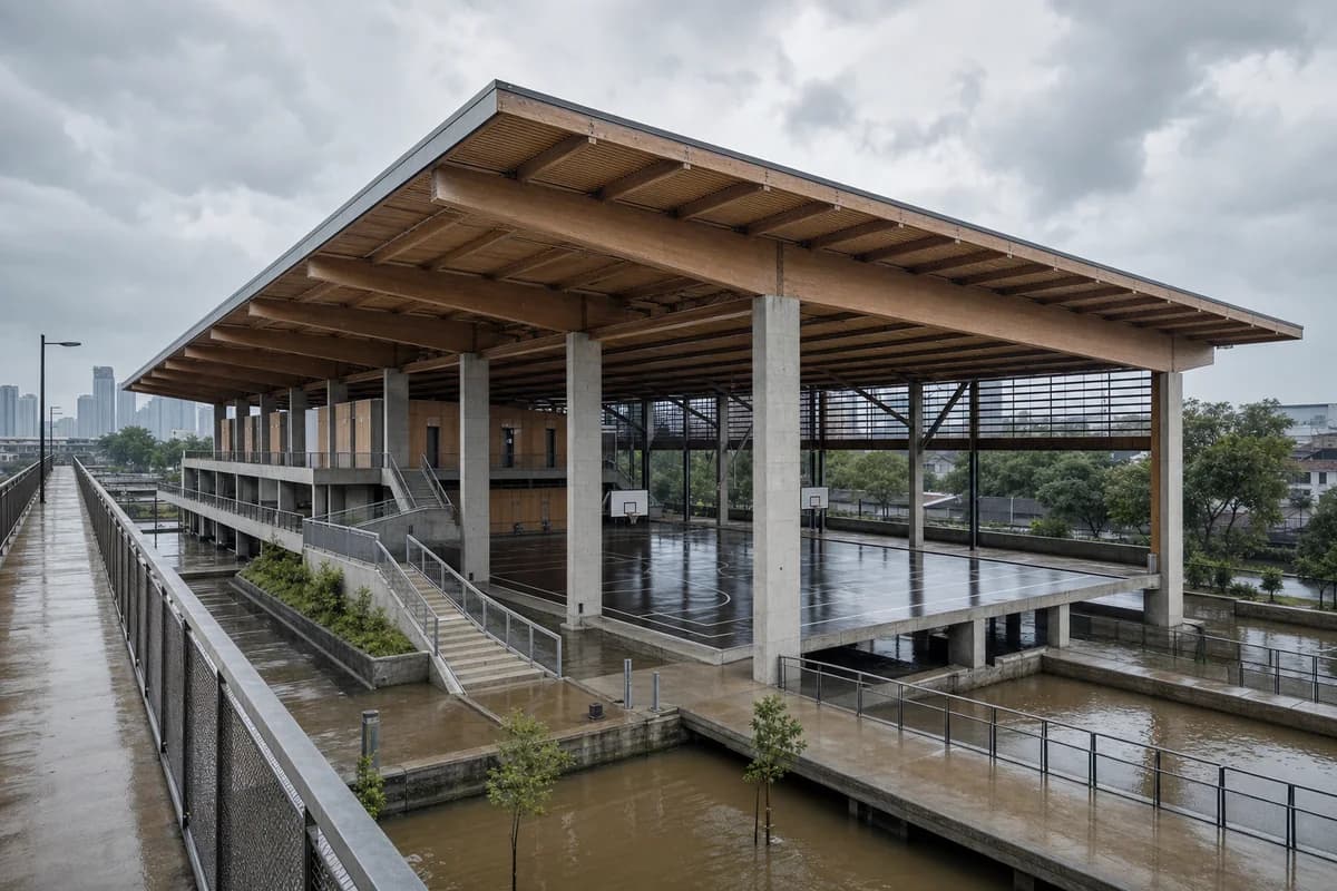 Elevated timber-roof sports center above floodable courts in Jakarta.