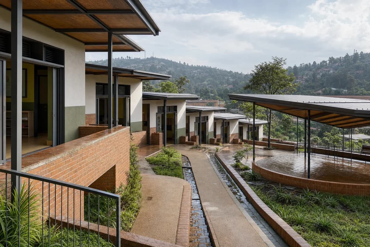 Brick early-childhood rooms stepping down a Kigali hillside after rain.