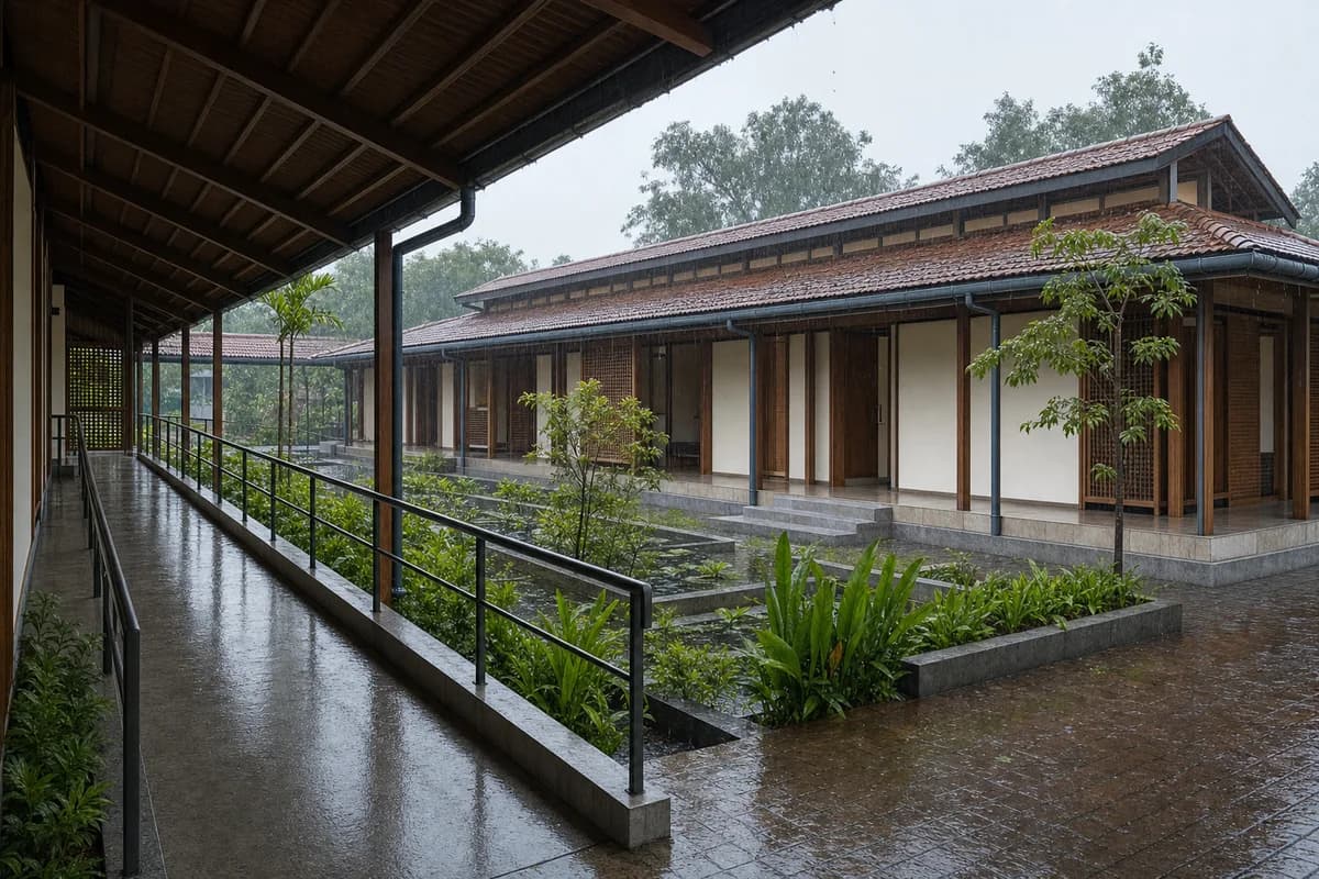 Raised health pavilion and covered veranda in light Kochi monsoon rain.