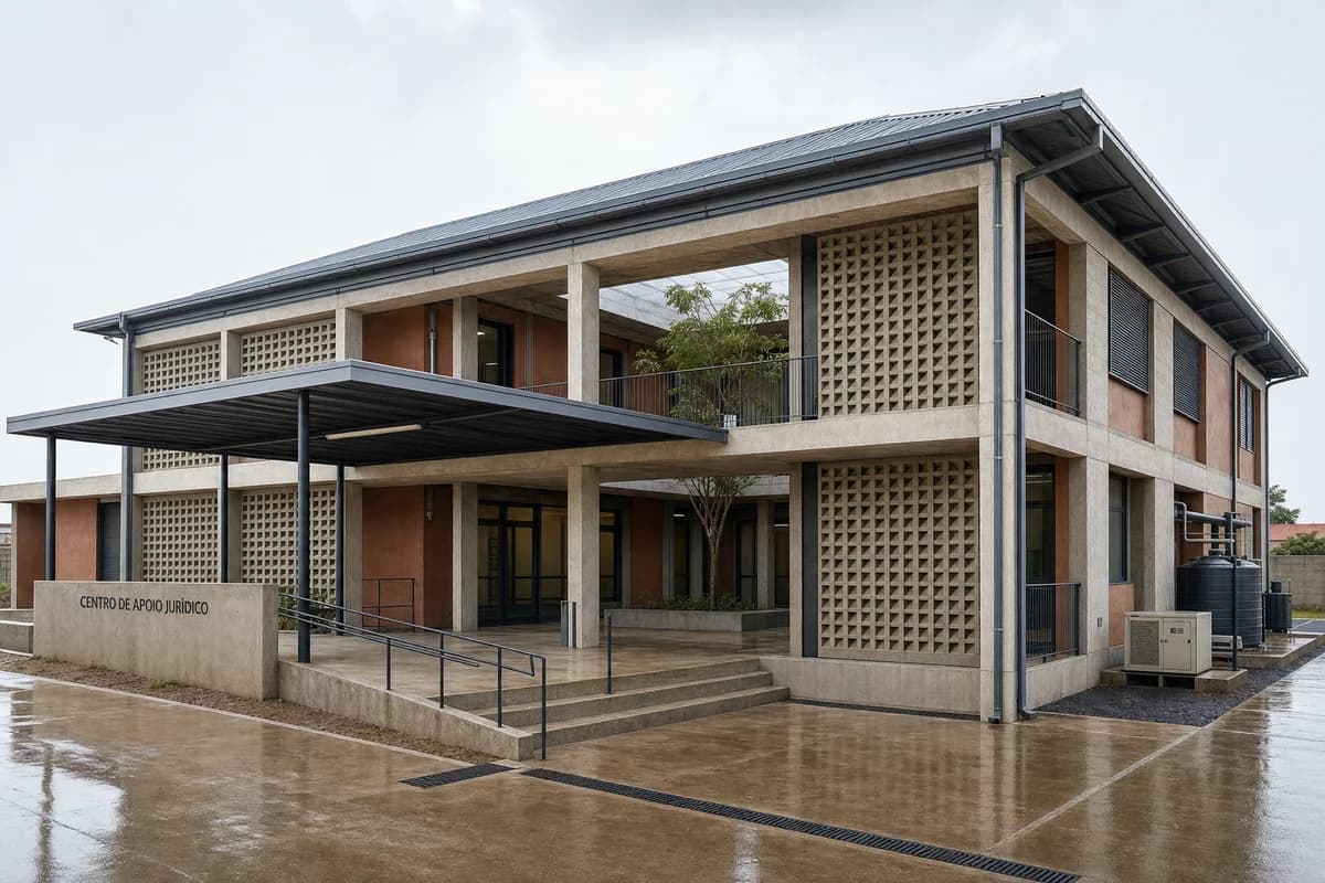 Screened cyclone-ready legal center around a shaded Maputo court.