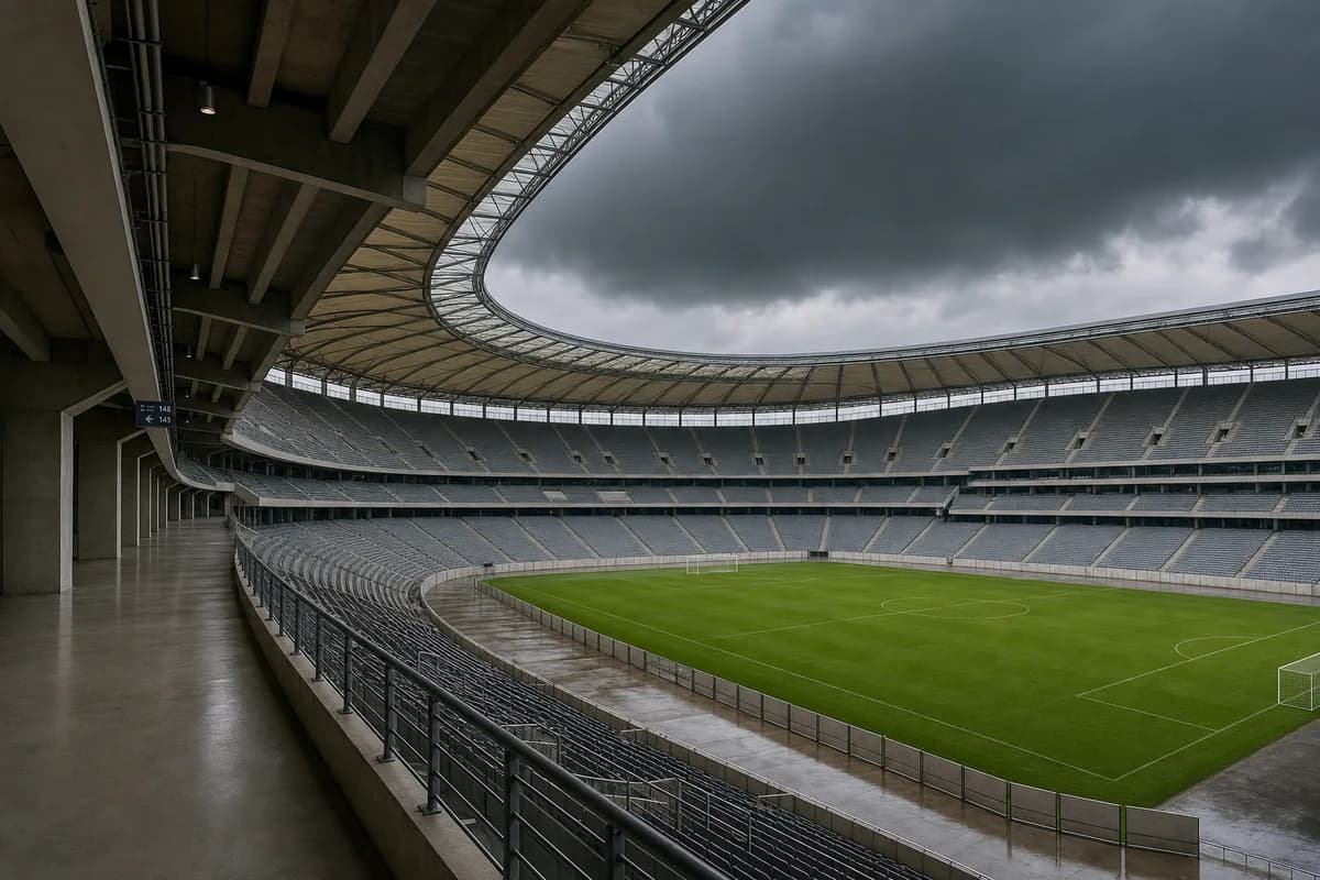 Empty metropolitan football stadium beneath a lightweight rain roof.
