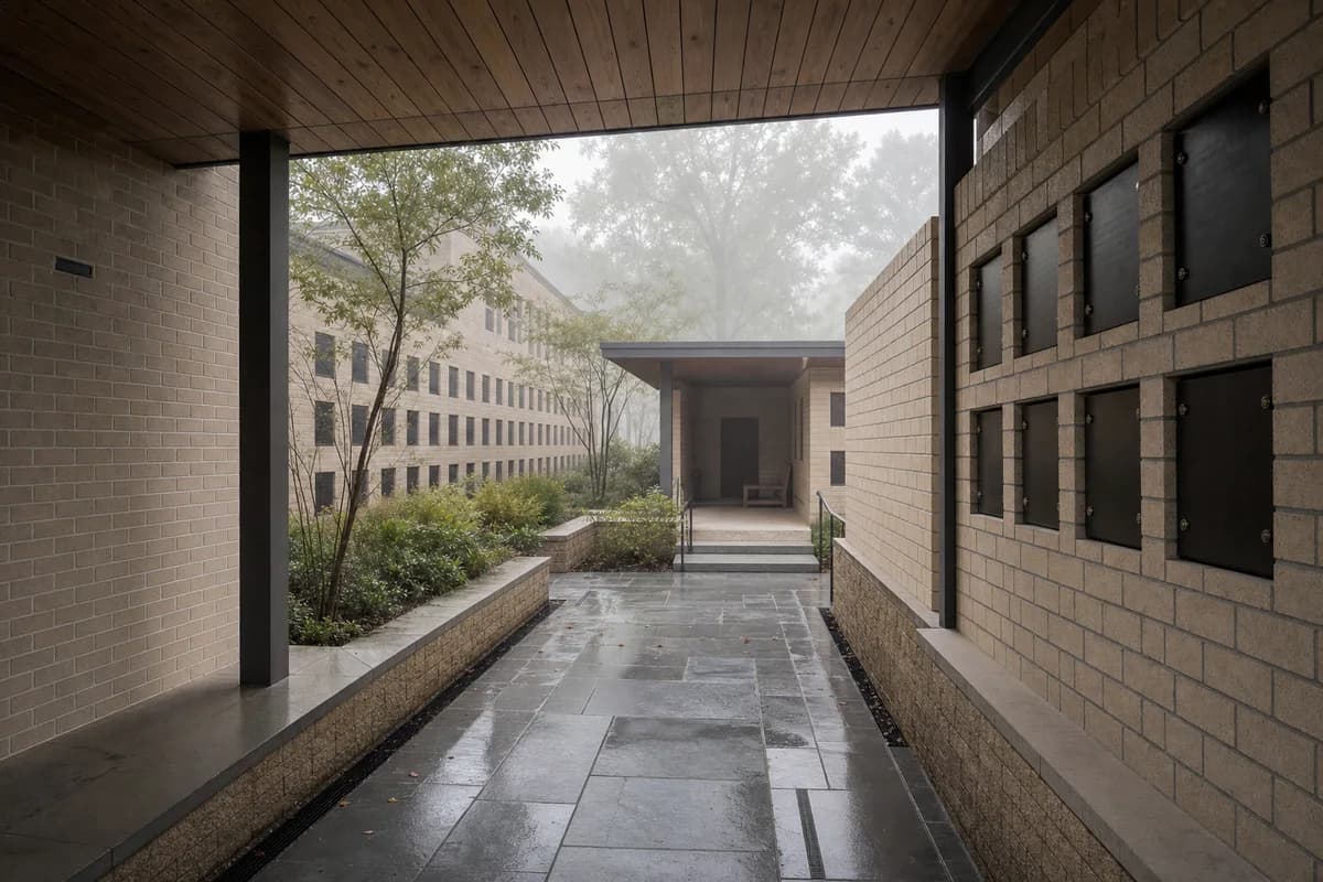 Pale brick columbarium garden receding into luminous morning mist.