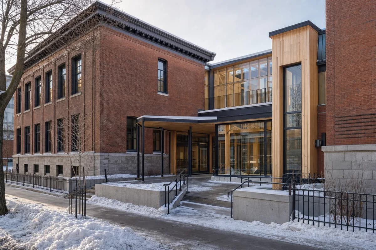 Timber childcare insertion within a repaired brick Montreal school in winter.