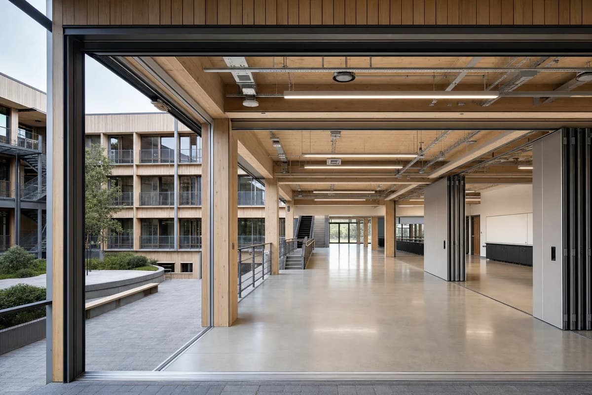 Adaptable vocational academy with timber bays and movable teaching walls.