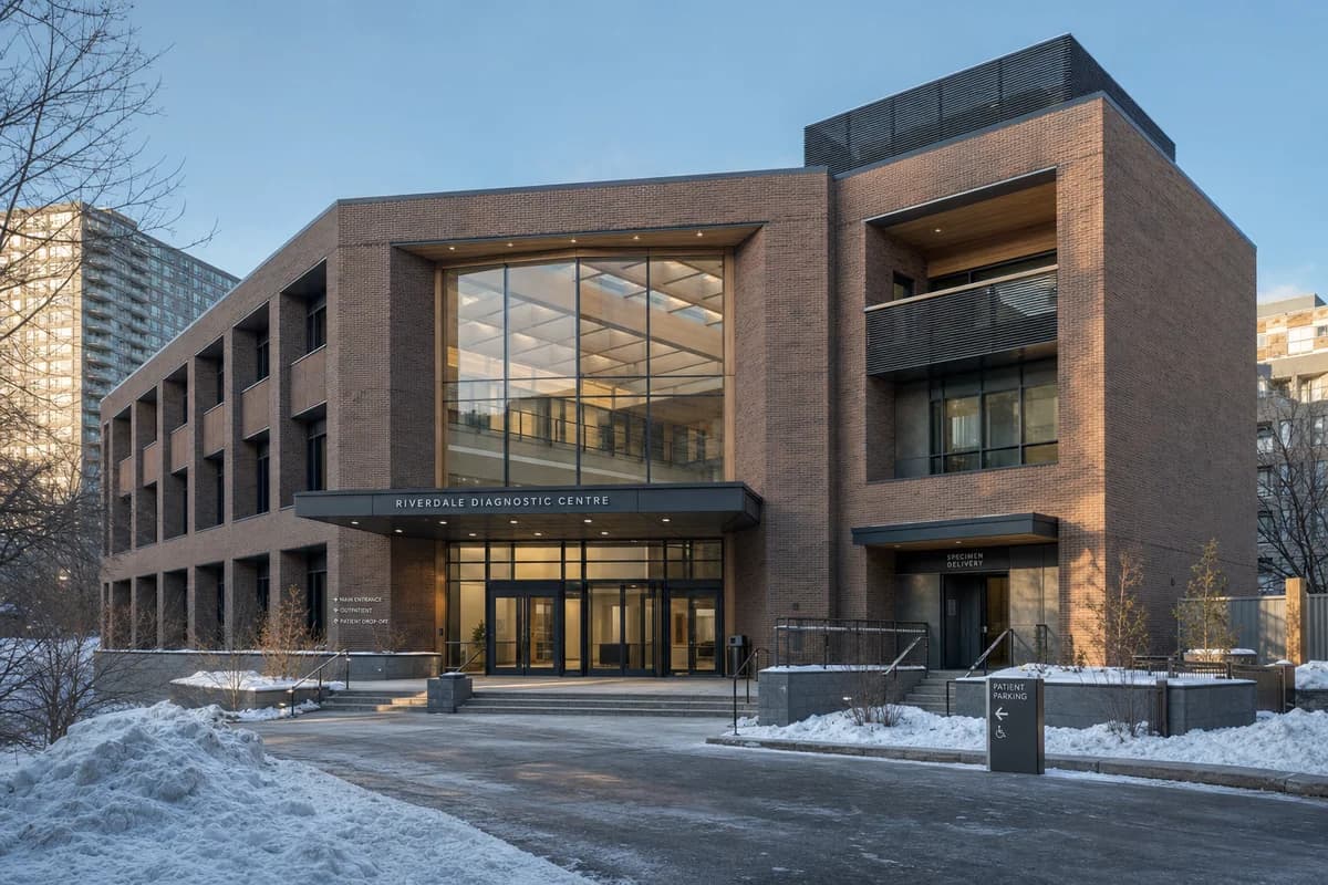 Compact brick diagnostic center with a timber atrium in winter.