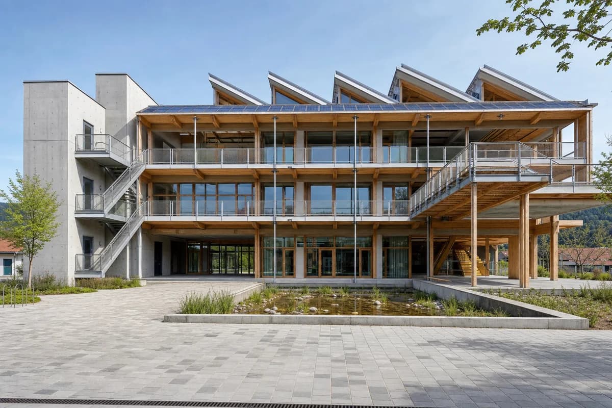 Timber elementary school with sawtooth daylight and solar roofs.
