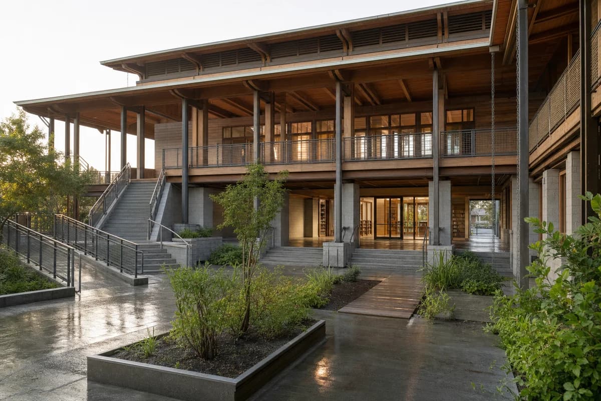 Elevated neighborhood library above a planted water court in New Orleans.