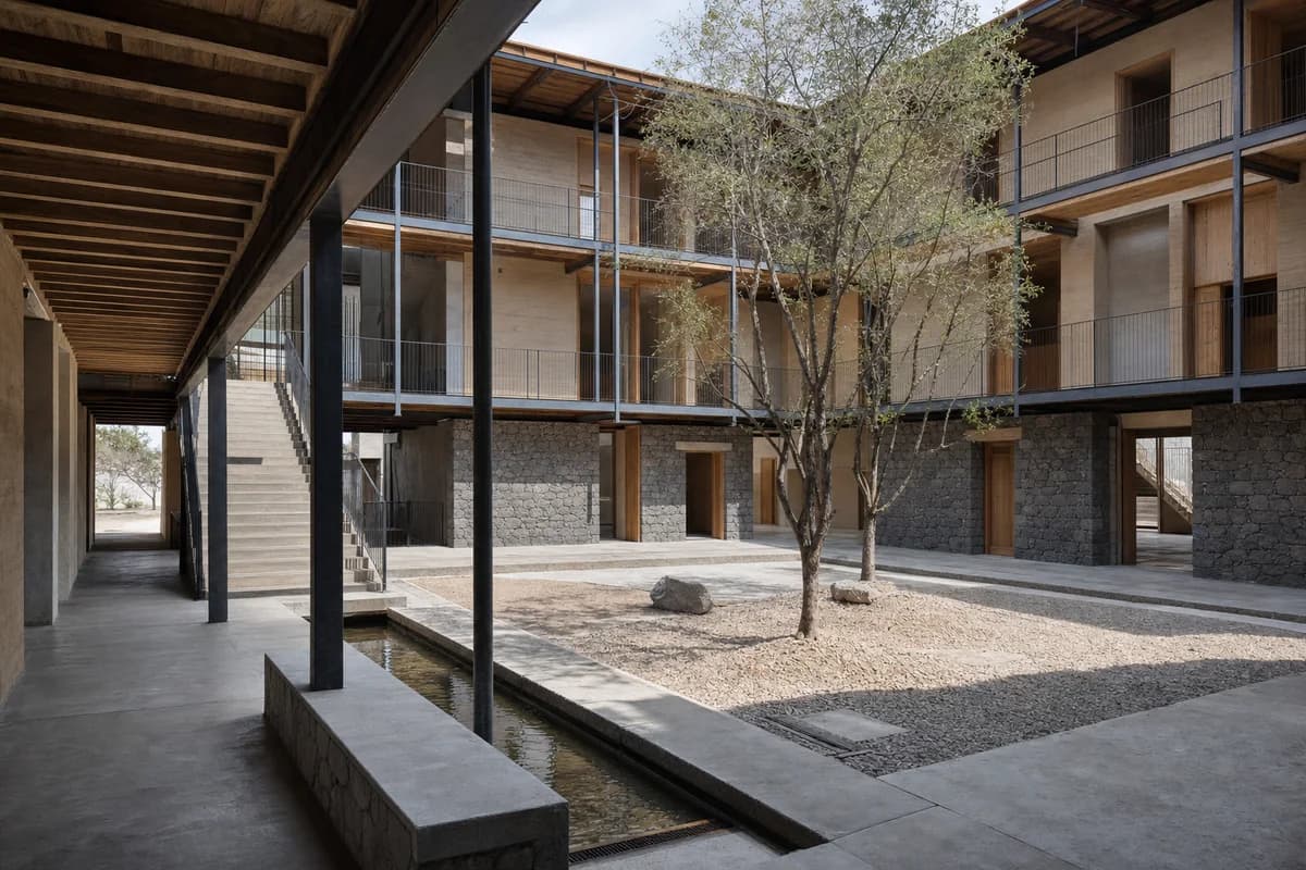 Earth and volcanic-stone arts school around a shaded Oaxaca cooling court.