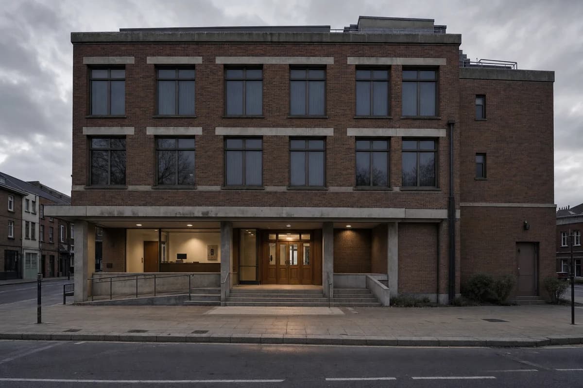 Brick registry office with one lit exit after closing at dusk.