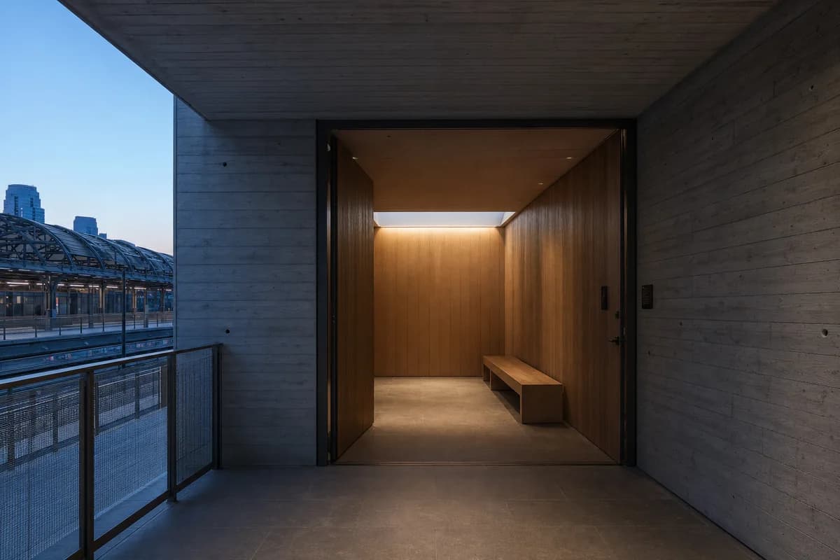 Concrete and oak commuter chapel in deep pre-dawn blue light.