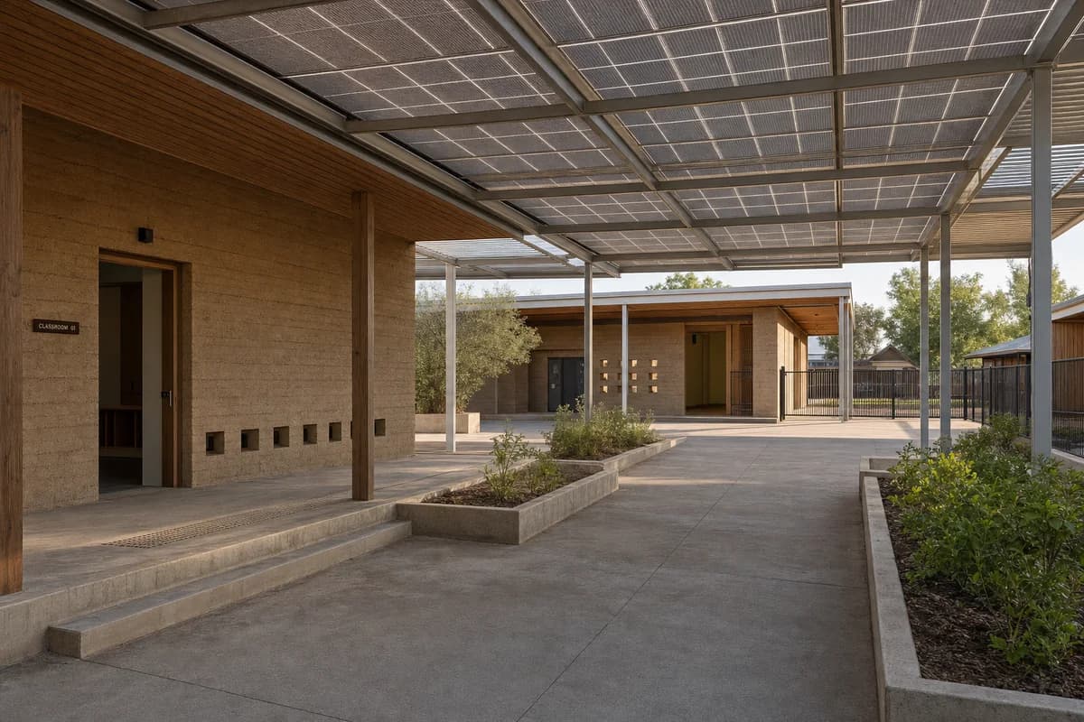 Earth classrooms beneath a broad photovoltaic nursery canopy.
