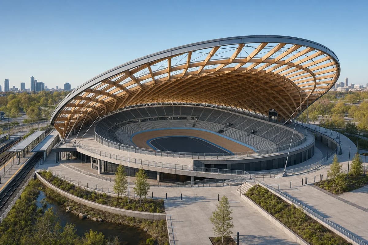Repetitive timber-shell velodrome around a compact metropolitan track.
