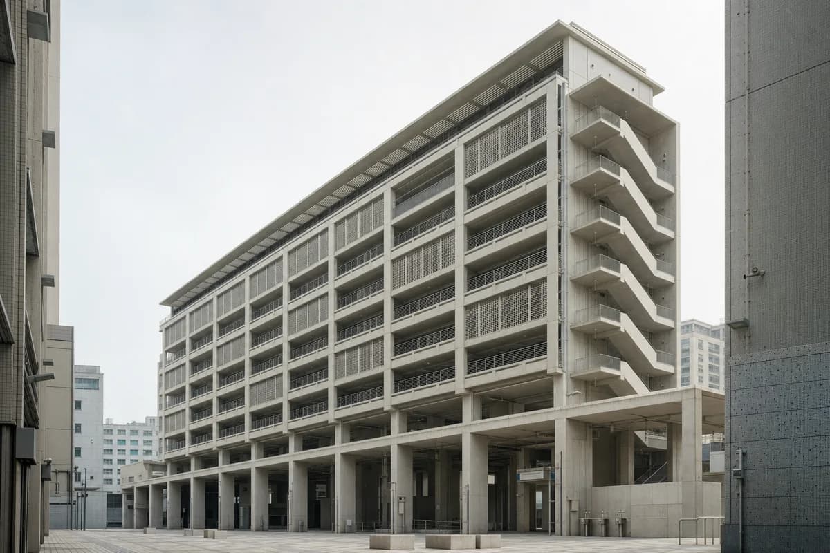 Precast ward office with a deeply shaded public heat refuge.