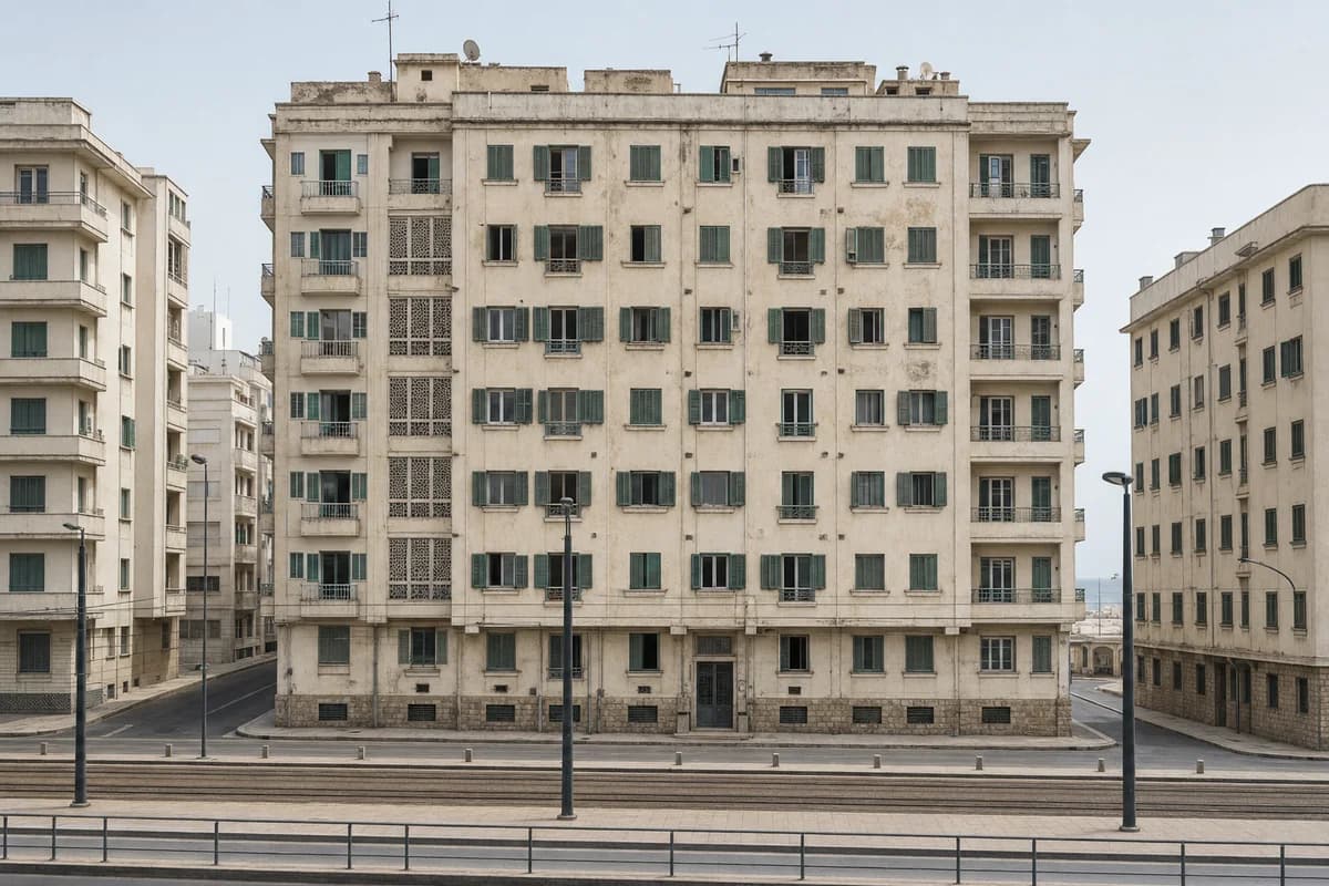 Lime-plastered apartment block with shaded coastal loggias.