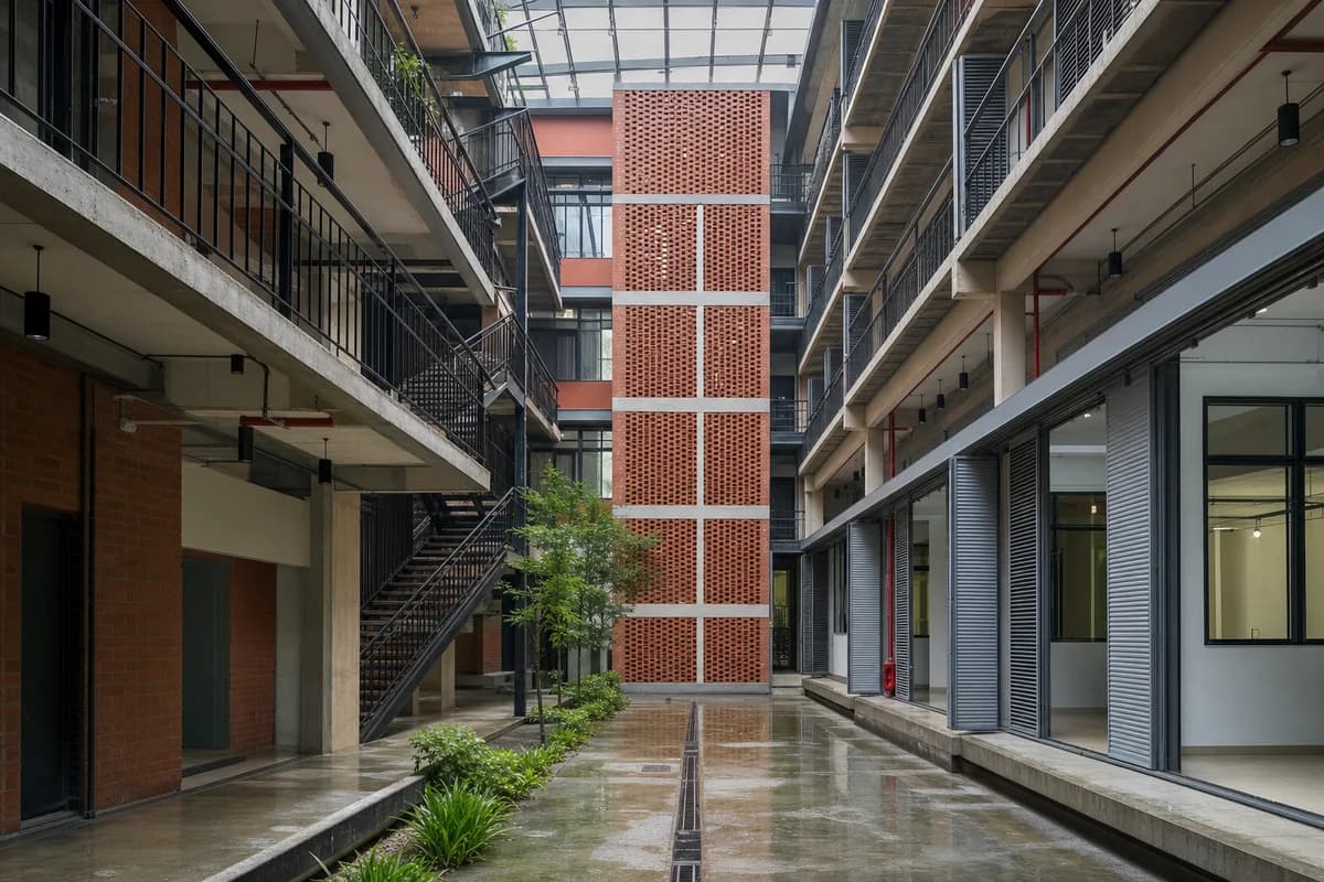 Brick-screened learning and office infill around a monsoon court.