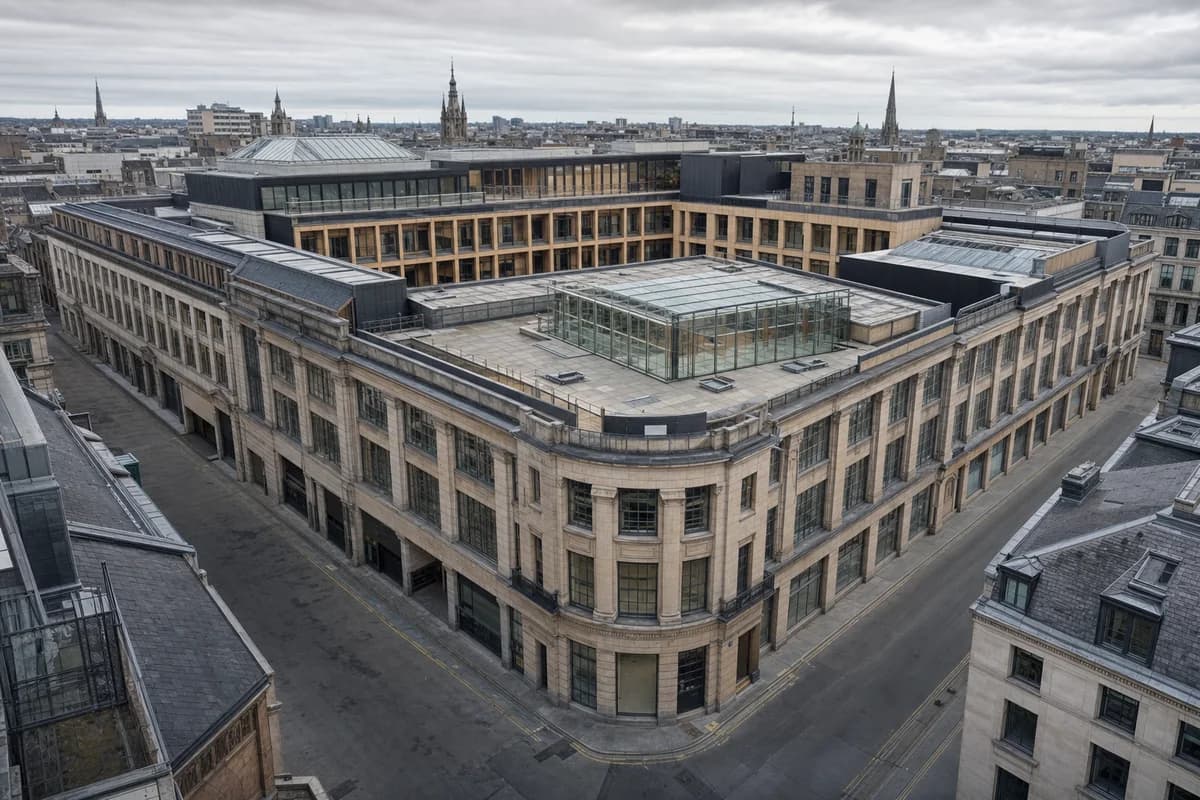 Converted stone department store with a timber-lined winter garden.