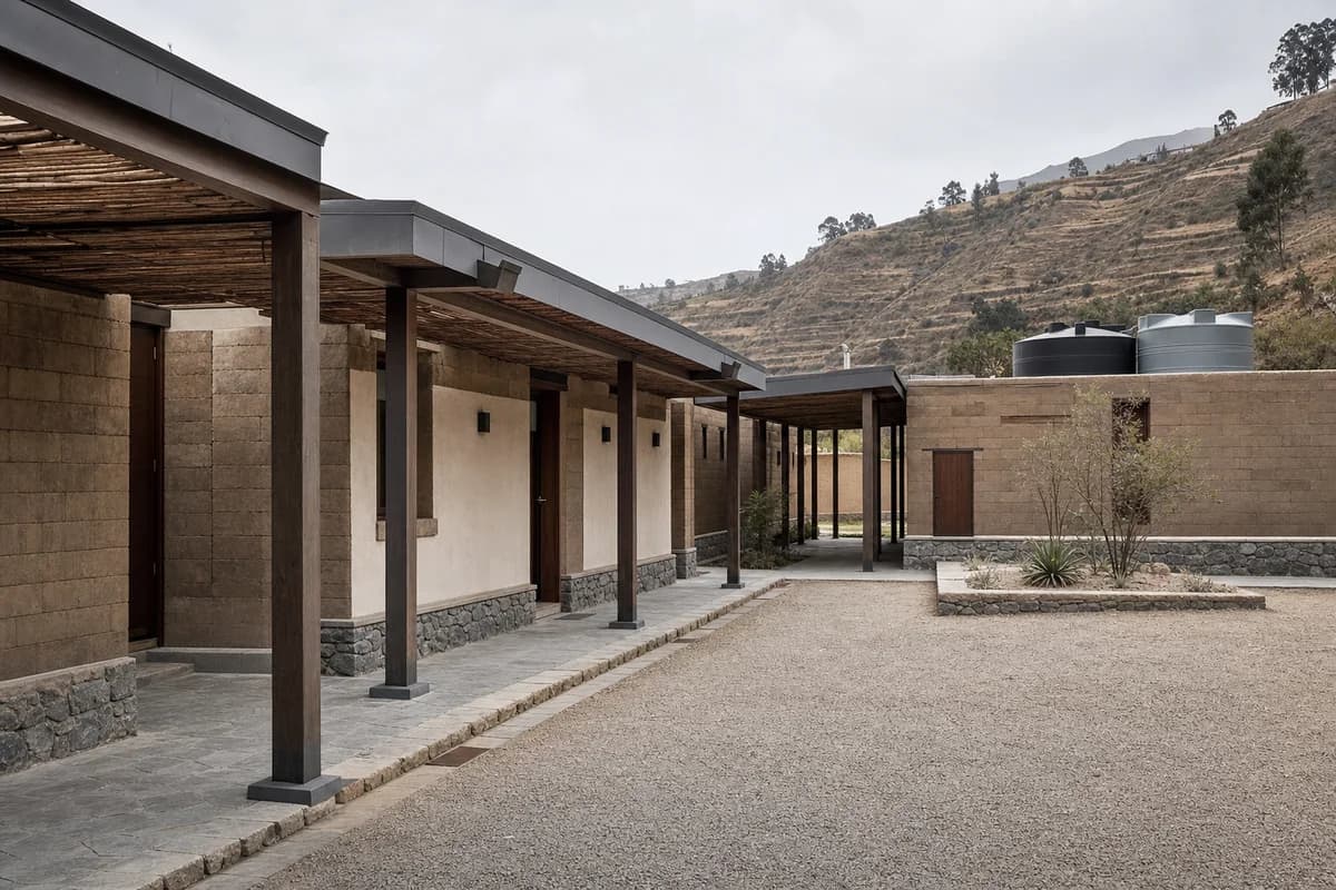 Low earth-block guesthouse with protected wall caps and shaded walks around a quiet court.