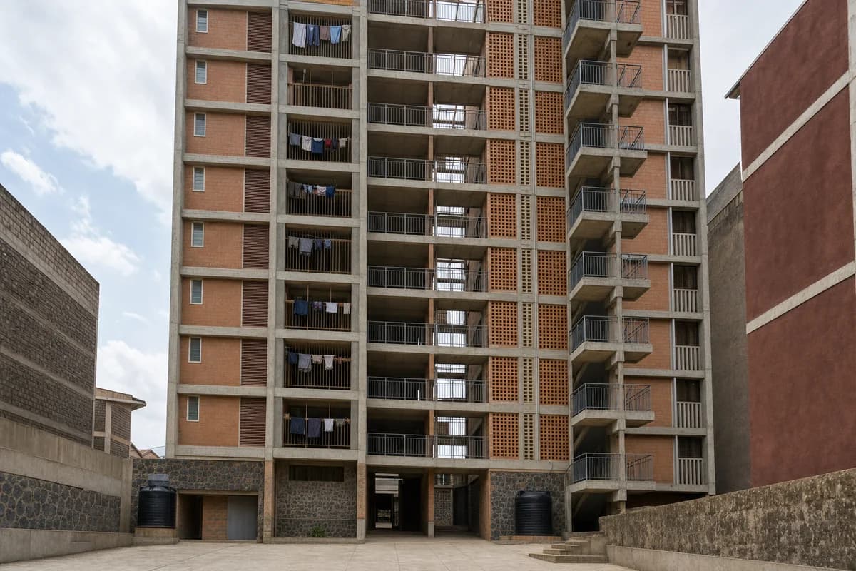 Concrete and clay-block housing with shaded open-air galleries.