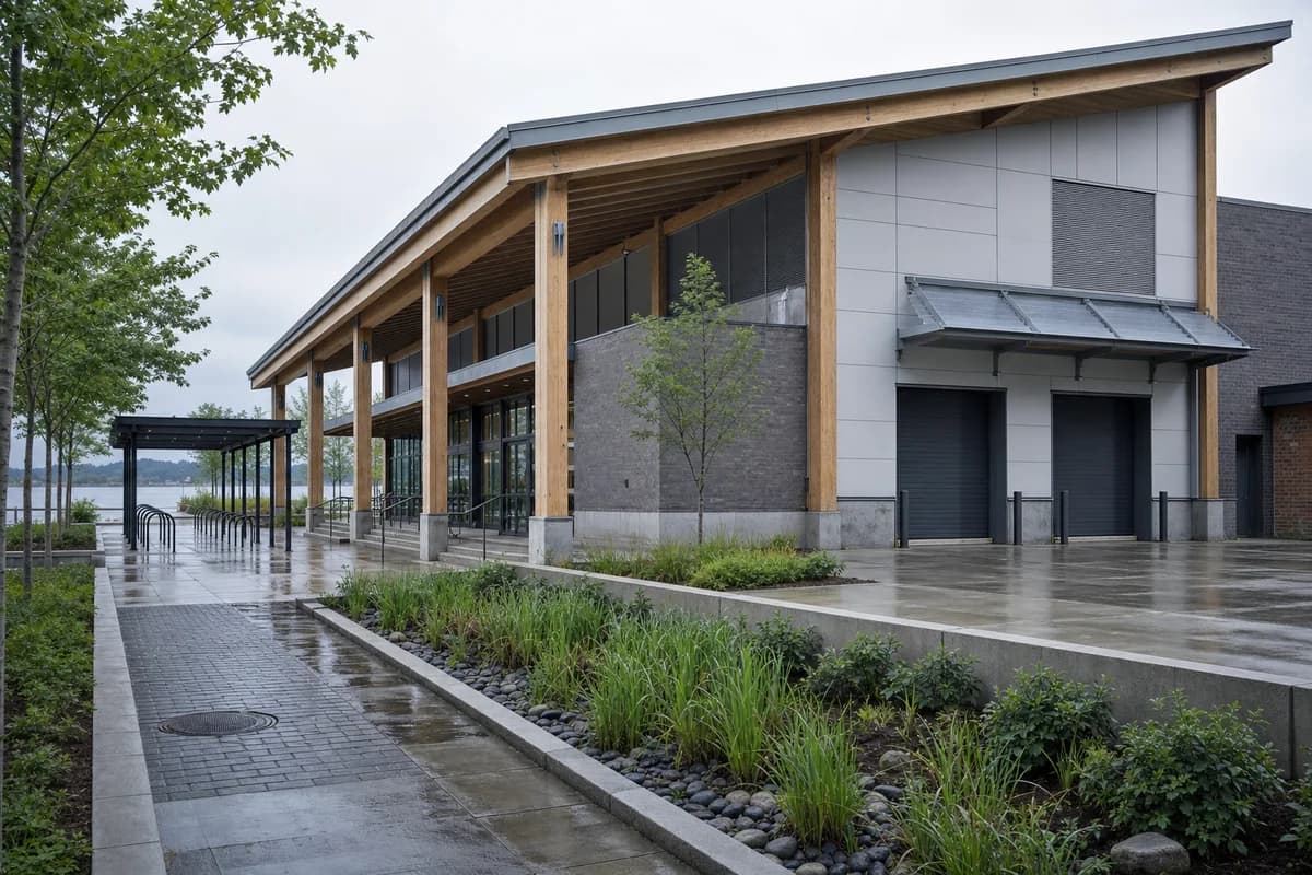 Long timber market hall with a deep civic canopy and planted riverfront bioswale.