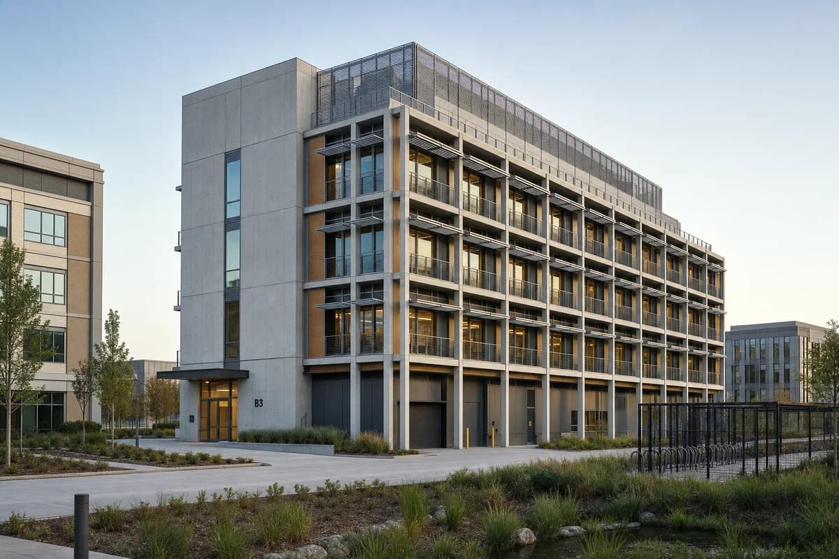 Second accepted render of the laboratory from the same 35mm campus-walk camera, with identical early-morning light, geometry, activity, and conditions.