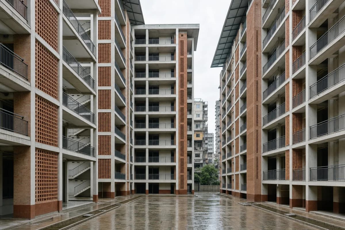 Brick-screened apartment court with rain-protected access galleries.