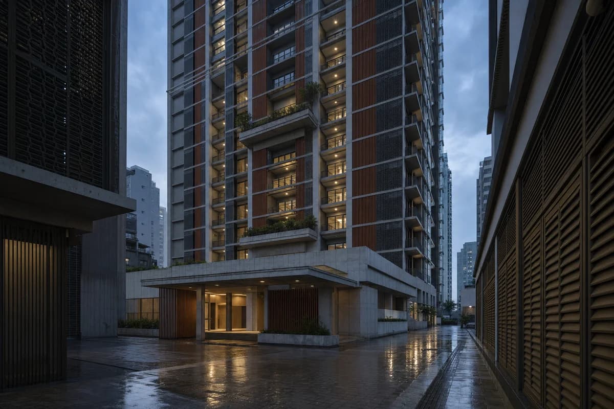 Terracotta residential tower with sky courts after monsoon rain.