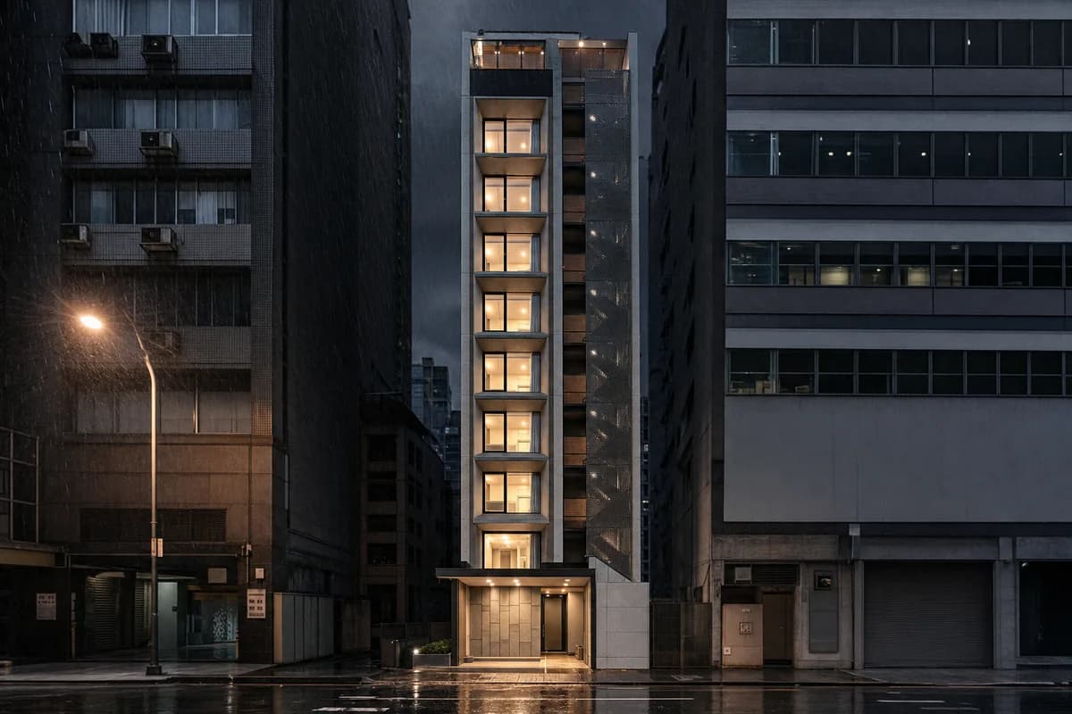 Narrow ceramic hotel infill on a rainy city street at night.