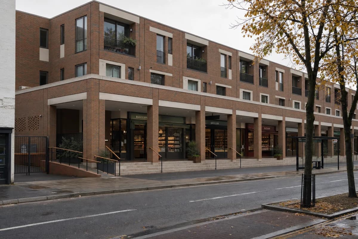 Unoccupied brick mixed-use market block with an accessible loggia on a town street.