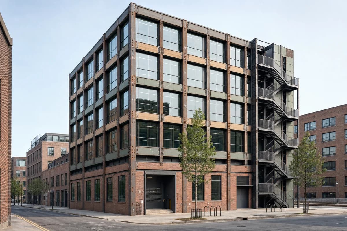 Unoccupied urban office with a bolted reclaimed-steel frame and visibly removable components.