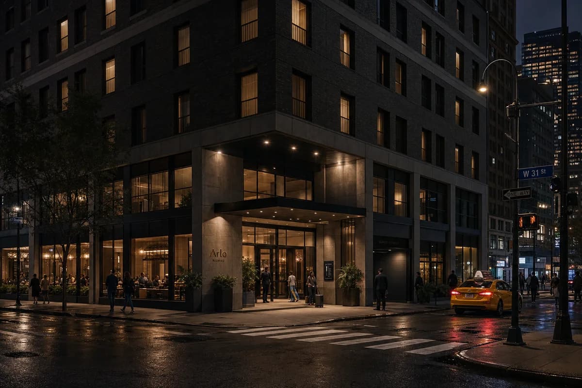 Second accepted render of the hotel from the same 50mm intersection camera, with identical night lighting, wet conditions, geometry, and arrival activity.