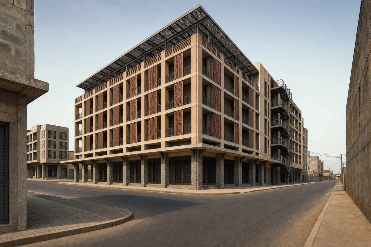 Pigmented concrete retail and housing corner with deep arcades.