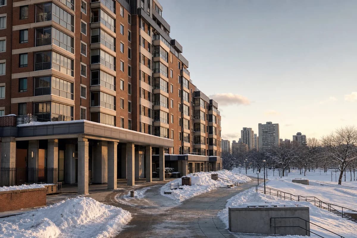 Stepped brick apartment block beside cleared winter park paths.