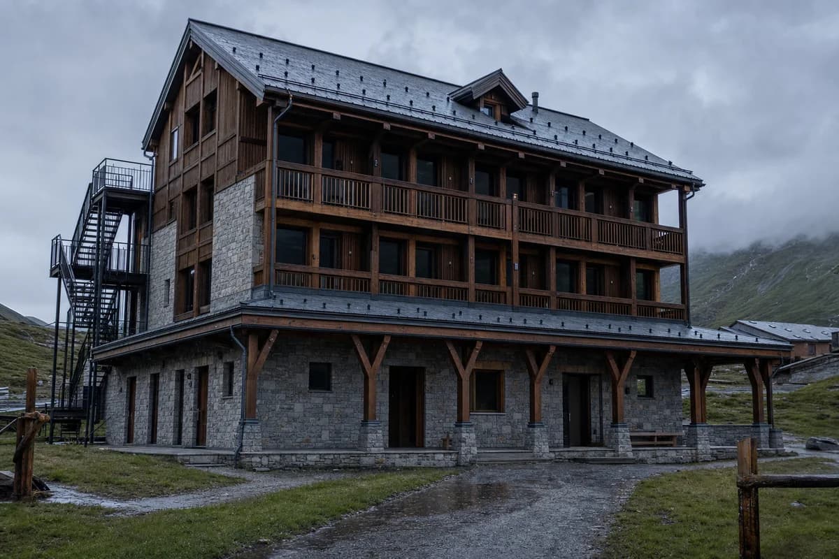 Rain-darkened timber mountain hostel beneath a clear evening sky.