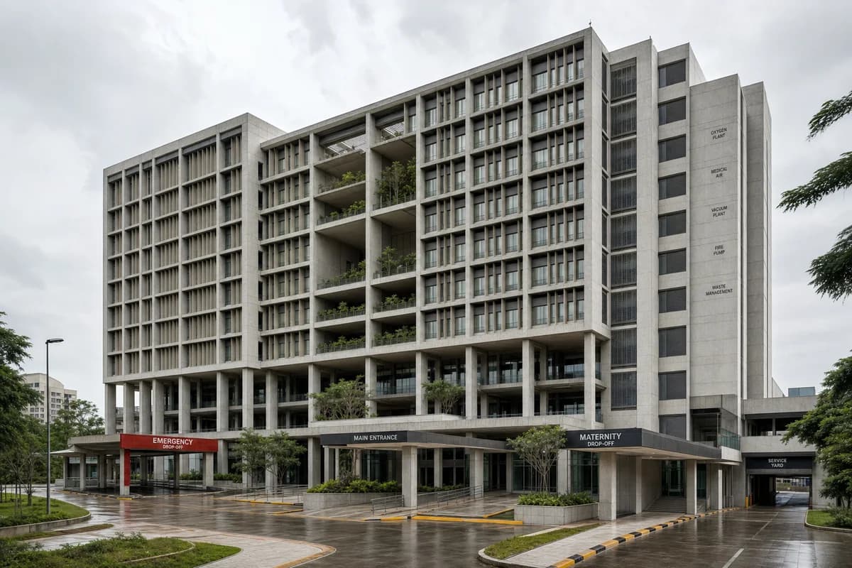 Shaded teaching hospital with planted recovery courts in humid overcast light.