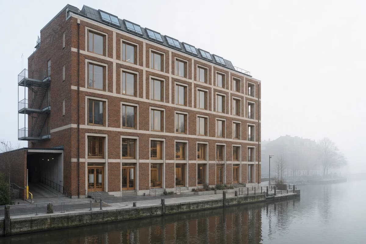 Reused-brick publishing office beside a canal fading into morning fog.