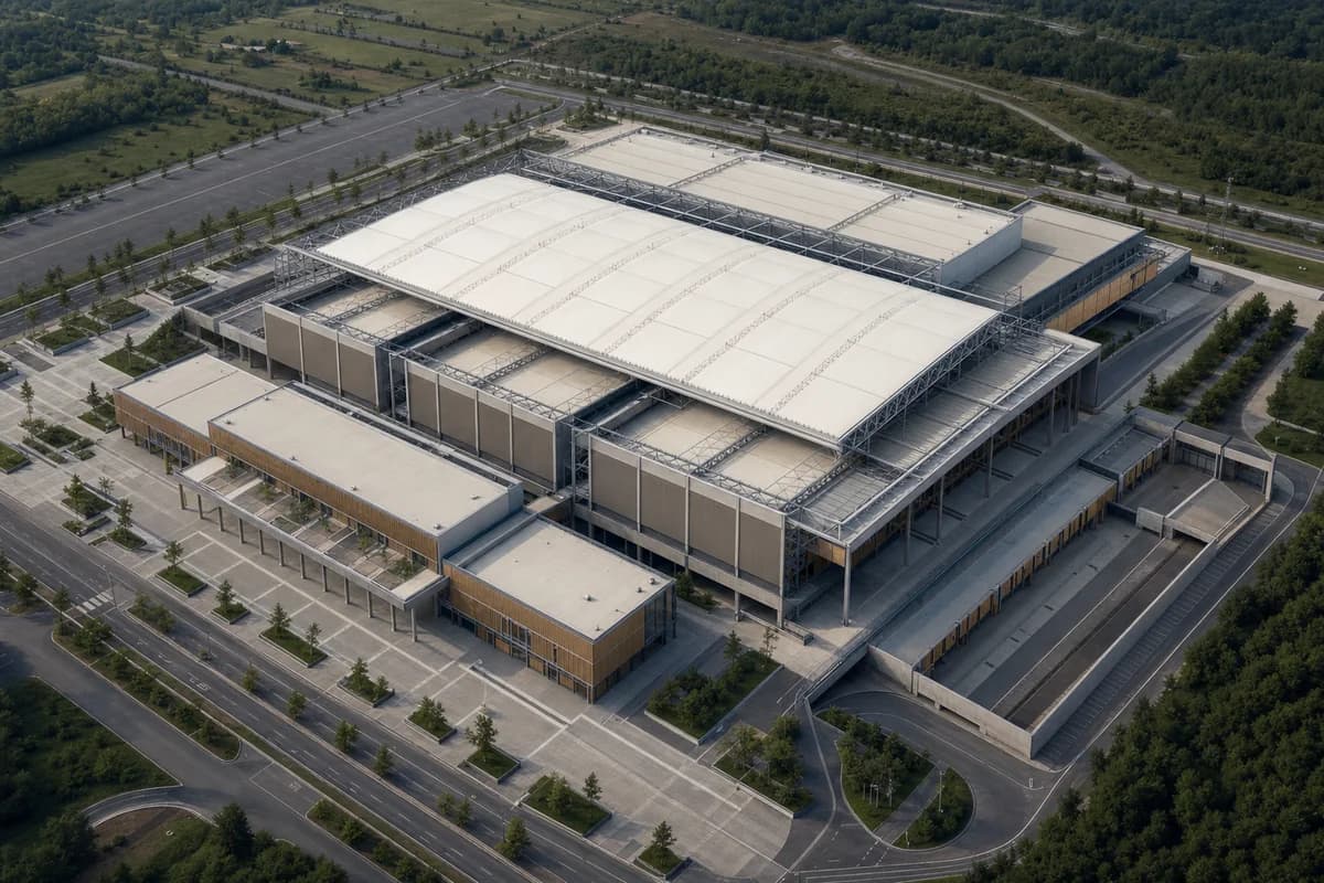 Demountable steel and timber convention center arranged in repeatable bays.