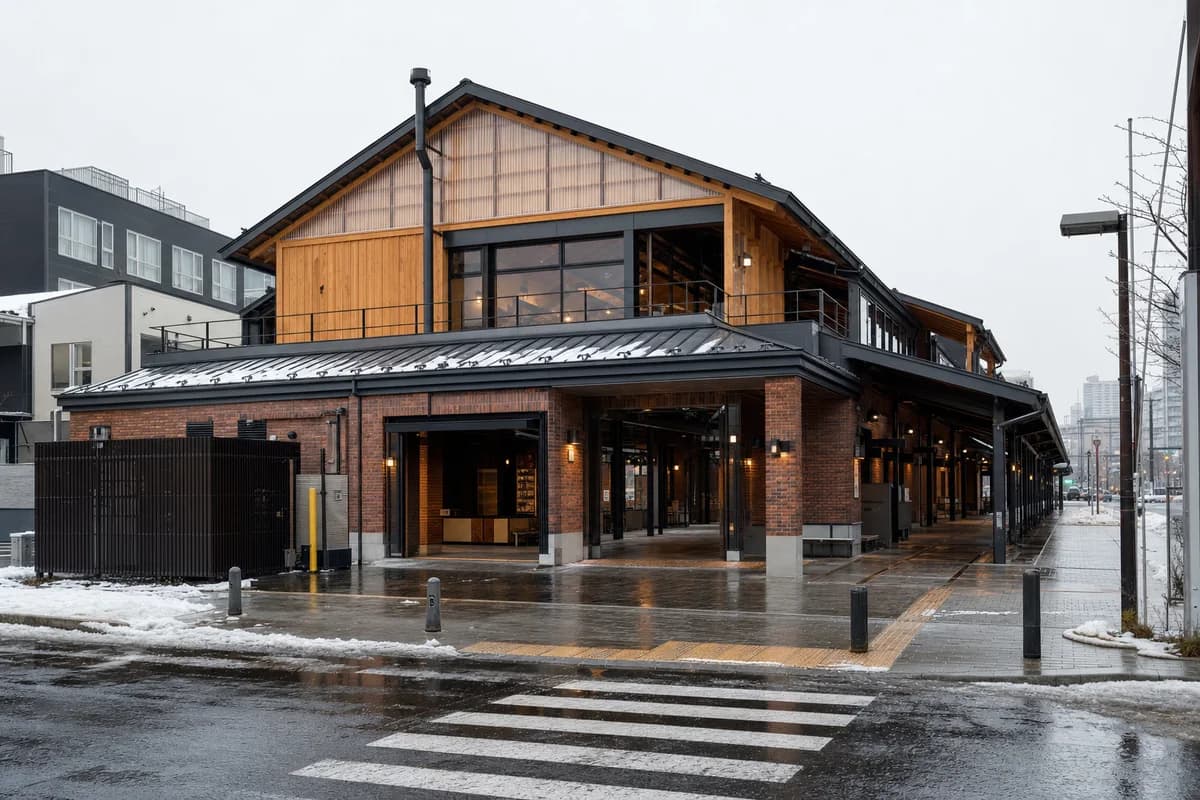 Brick and timber food hall with covered lanes during Sapporo snowfall.